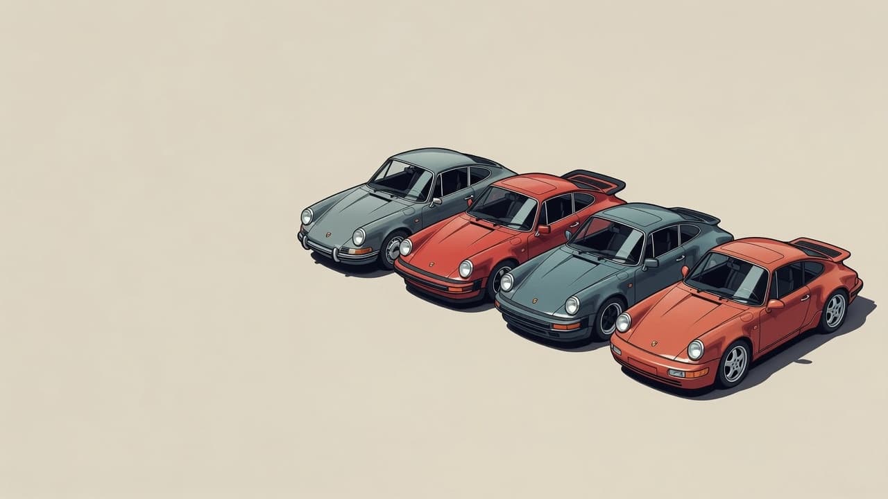 Four generations of air-cooled Porsche 911 — long-hood, 930 Turbo, 964 and 993